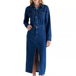 Steve Madden Dakoda Denim Midi Dress Pearl Snap Medium Wash sz 8 Western Cowgirl